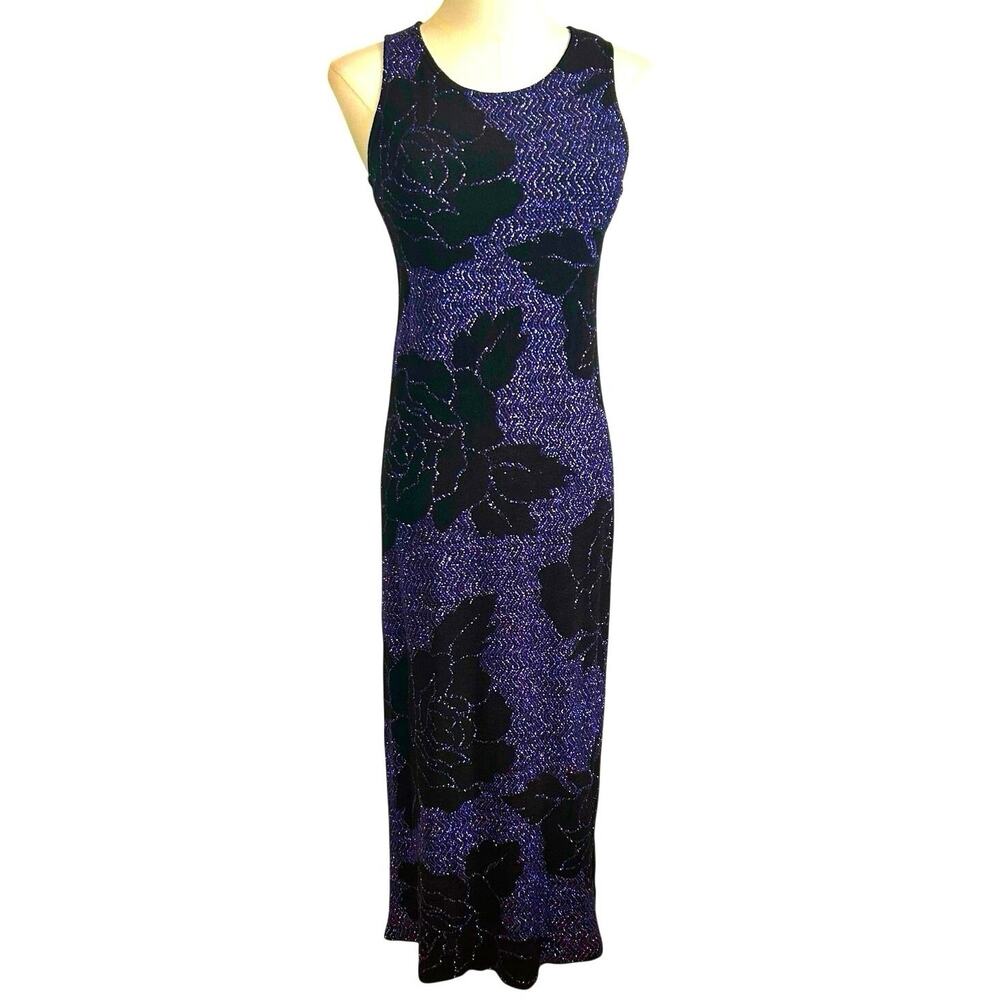 VTG 90s Black Purple Floral Metallic Maxi Dress M Goth Grunge Whimsigoth Y2K